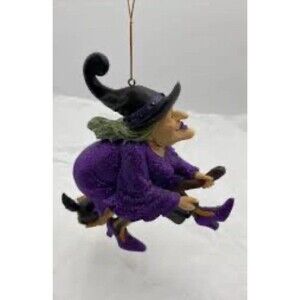 December Diamonds Witch on Broom Holding Purse Cat Halloween Ornament